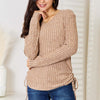 Double Take Drawstring Ribbed Long Sleeve T-Shirt - Khaki
