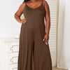 Double Take Soft Rayon Spaghetti Strap Tied Wide Leg Jumpsuit | Full Size - Mocha