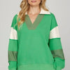 She + Sky Full Size Color Block Sleeve Johnny Collar French Terry Sweatshirt Plus Size - Green