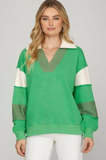 Stylish She + Sky plus size color block sweatshirt with Johnny collar, featuring green and white design.