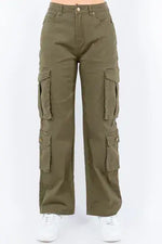 American Bazi high-rise cargo pants with button waist and pockets, styled with white sneakers for a trendy look.