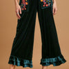 Umgee Full Size Wide Fit Ruffle Velvet Pants with Embroidered Pockets Plus Size - Black Forest