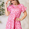 Double Take Short Flounce Sleeve Tiered Dress - Fuchsia Pink