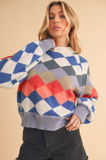 Chic Diamond Mock Neck Raglan Sleeve Sweater with vibrant colors and diamond pattern, perfect for stylish casual looks.