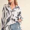 Aemi + Co High-Low Printed Button Up Long Sleeve Shirt - White
