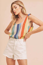 Aemi + Co Contrast Striped Scoop Neck Tie Shoulder Tank with colorful stripes and tie shoulder details.