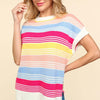 Striped Side Slit Short Sleeve Knit Top - Blue/Fuchsia/Yellow