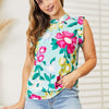 Double Take Floral Print Ruffle Shoulder Blouse - Gum Leaf