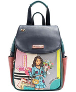 Colorful handbag featuring a stylish cartoon girl with flowers, perfect for fashion lovers.