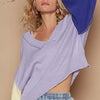 POL Exposed Seam Contrast V-Neck Lantern Sleeve Sweater - Lavender