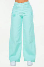 Trendy American Bazi High Waist Distressed Wide Leg Jeans in mint green color with stylish rips.