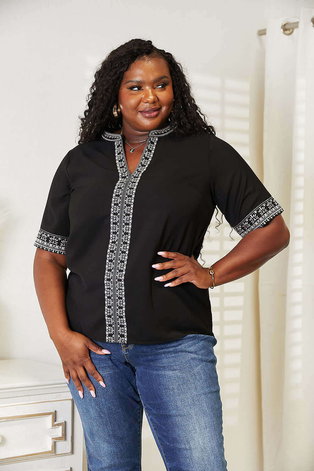 DOUBLE TAKE Embroidered Notched Neck Top at Bella Road