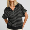 Umgee Striped Half Zip Short Sleeve Sweatshirt - Black