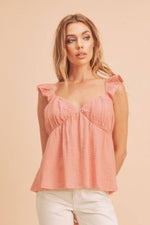 Aemi + Co Sweetheart Neck Ruffled Strap Top in peach, perfect for casual or dressy occasions with ruffled straps.