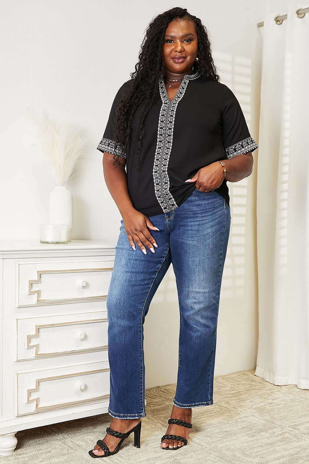 DOUBLE TAKE Embroidered Notched Neck Top at Bella Road