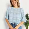 Double Take Ribbed Trim Round Neck Knit Top - Pastel Blue