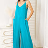Double Take Soft Rayon Spaghetti Strap Tied Wide Leg Jumpsuit | Full Size - Sky Blue