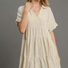 Umgee Full Size Raw Hem Folded Sleeve Tiered Dress Plus Size - OATMEAL