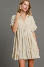 Umgee plus size tiered dress with raw hem and folded sleeves in a casual beige color, perfect for stylish summer outings.