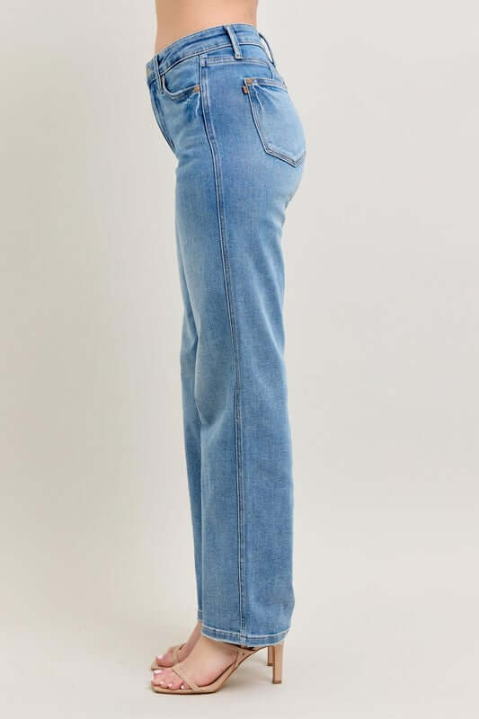 Judy Blue Plus Size Tummy Control Vintage Wash Straight Jeans, side view showcasing a flattering silhouette.