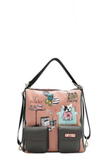 Trendy Nikky multifunctional handbag with colorful patches and dual side pockets, perfect for stylish outings.