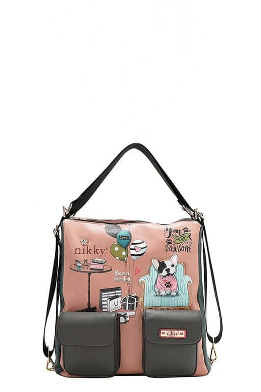 Trendy Nikky multifunctional handbag with colorful patches and dual side pockets, perfect for stylish outings.
