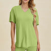 Basic Bae Ribbed V-Neck Short Sleeve Top and Shorts Set - Yellow Green