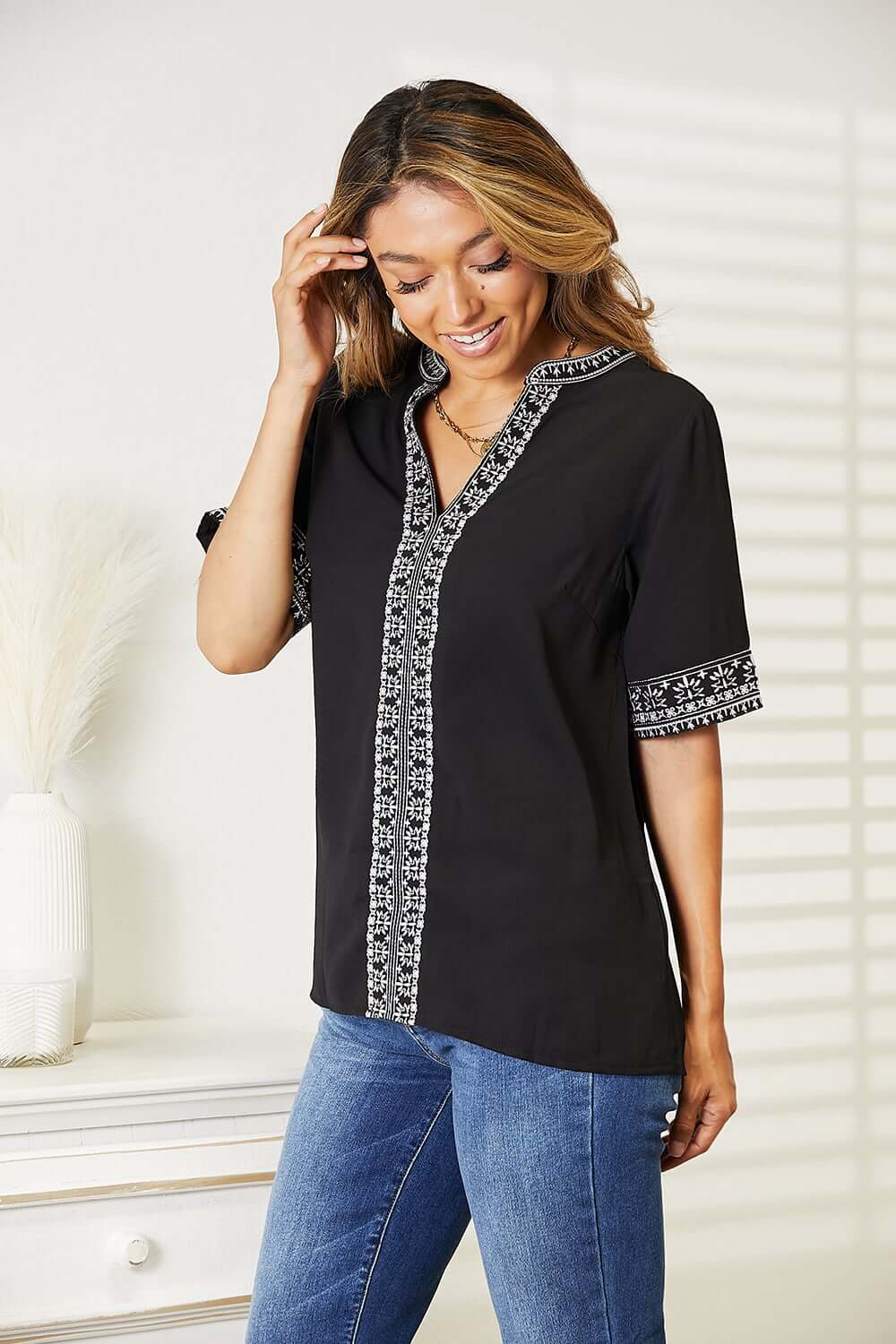 DOUBLE TAKE Embroidered Notched Neck Top at Bella Road