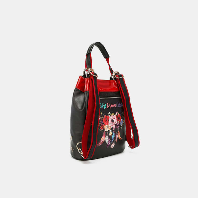 Nicole Lee USA Flower Pattern Adjustable Strap Backpack Bag in black and red with floral design, perfect for school, travel, or casual outings.