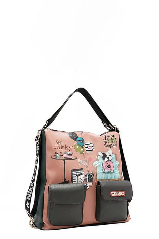 Nikky stylish tote bag with fun cartoon graphics and dual front pockets, perfect for everyday use.