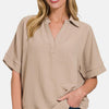Texture Collared Neck Short Sleeve Top - Ash Mocha