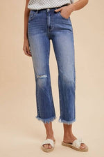Annie Wear distressed raw hem straight leg cropped jeans, perfect for a trendy and casual outfit.