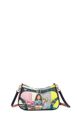 Nicole Lee USA crescent-shaped crossbody bag with colorful graphic design and adjustable strap.