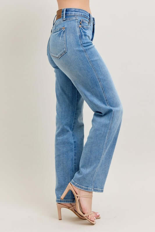 Judy Blue plus size tummy control vintage wash straight jeans shown from the side, highlighting a classic fit and stylish design.