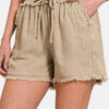 Washed Linen Frayed Hem Drawstring Shorts - Beige