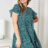 Double Take Short Flounce Sleeve Tiered Dress - Green