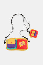 Colorful Himawari nylon crossbody bag with removable strap and separate EarPods pouch for organized tech accessories.