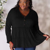 Double Take Half Button Long Sleeve Ruffle Hem Blouse - Black