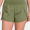 High-Waisted Zippered Back Pocket Active Shorts - Lt Olive