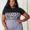 Double Take Leopard Print Color Block Short Sleeve T-Shirt - Black
