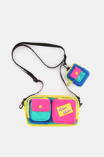 Vibrant nylon crossbody bag in pink, blue, and yellow with removable strap and matching EarPods pouch for tech accessories.