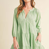 Aemi + Co Notched Balloon Sleeve Tiered Mini Dress - Light Green