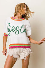 Trendy BiBi FIESTA Metallic Letter Short Puff Sleeve Sweater with colorful accents and a playful design.