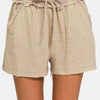 Washed Frayed Hem Drawstring Shorts - Ash Mocha