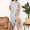 Double Take Short Sleeve Front Slit Hooded Dress - Light Gray