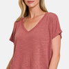 V-Neck Short Sleeve Crop T-Shirt - Winter Rose