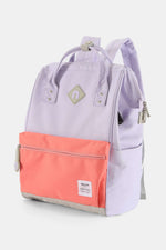 Himawari waterproof backpack in lavender and coral with USB port, designed for outdoor adventures and travel convenience.