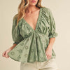 Aemi + Co Eyelet Embroidered V-Neck Half Sleeve Peplum Blouse - Matcha Green