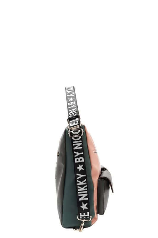 Side view of Nicole Lee USA eco-leather backpack showcasing adjustable strap and stylish design.