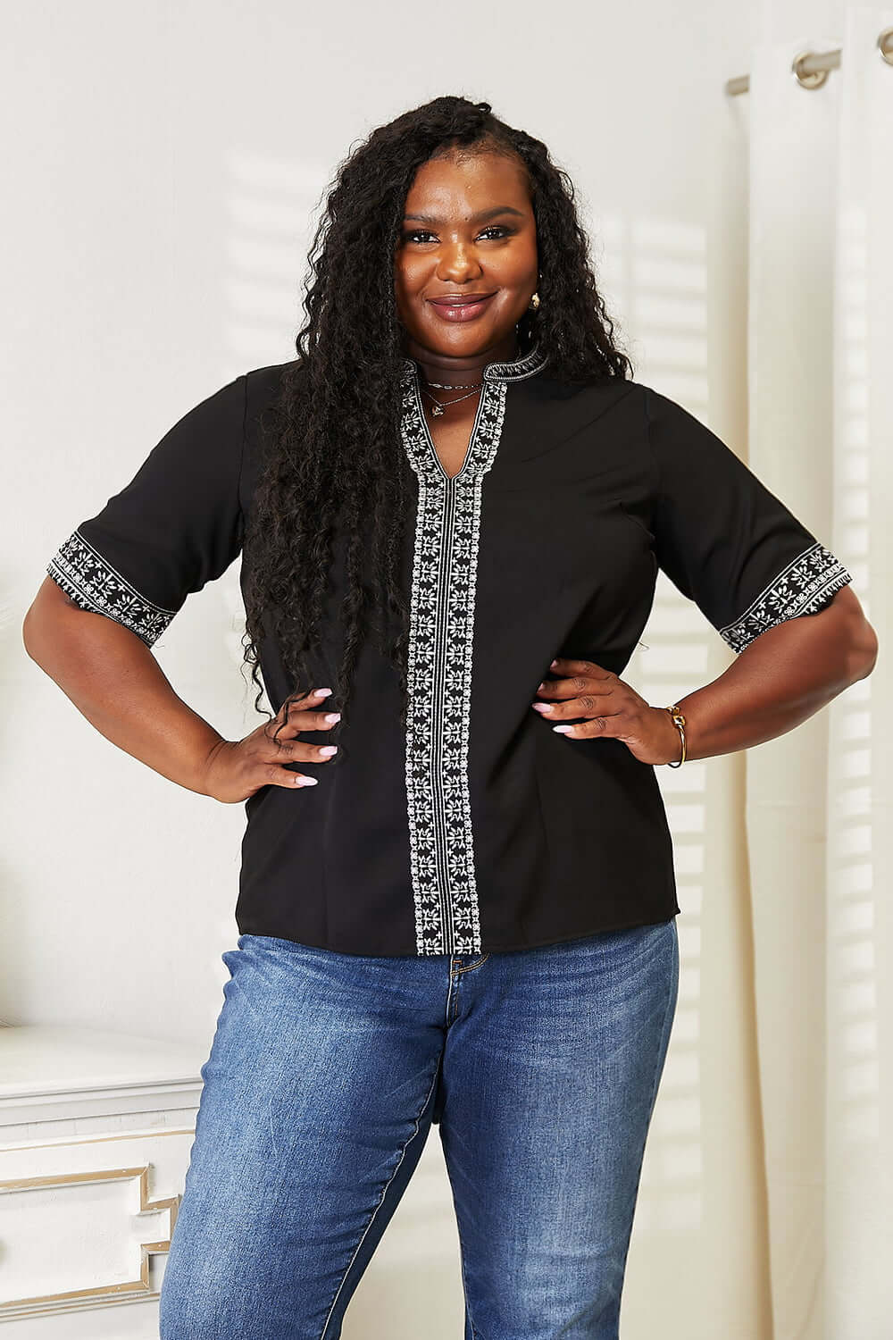 DOUBLE TAKE Embroidered Notched Neck Top at Bella Road